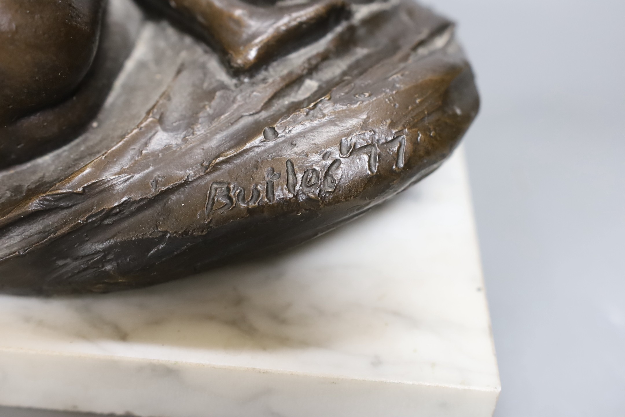 James Butler R.A. (1931-2022) A bronze reclining nude, 'Butler, 77'on a white marble plinth, total length 30.5 cm